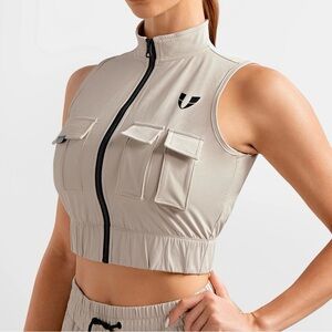 NEW Firm ABs Cargo Power Moto Top Women's Apricot Gray Crop Top Size Large